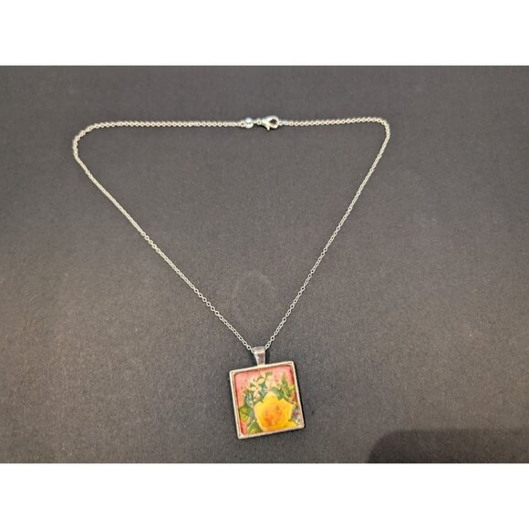 Yellow Rose Pendant Necklace With 18" Sterling Silver Chain Floral Square Charm - Picture 6 of 7